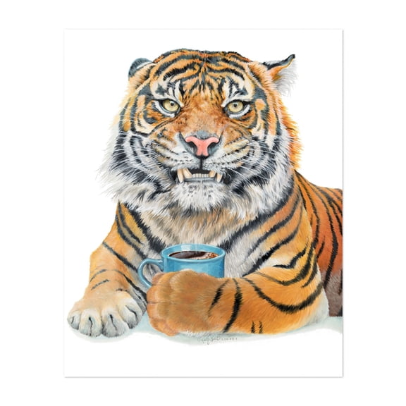 Too Early Tiger - Painting Humor Animal Coffee Modern Art Pop Art Surrealism Unframed Wall Art Print 8 x 10 inches