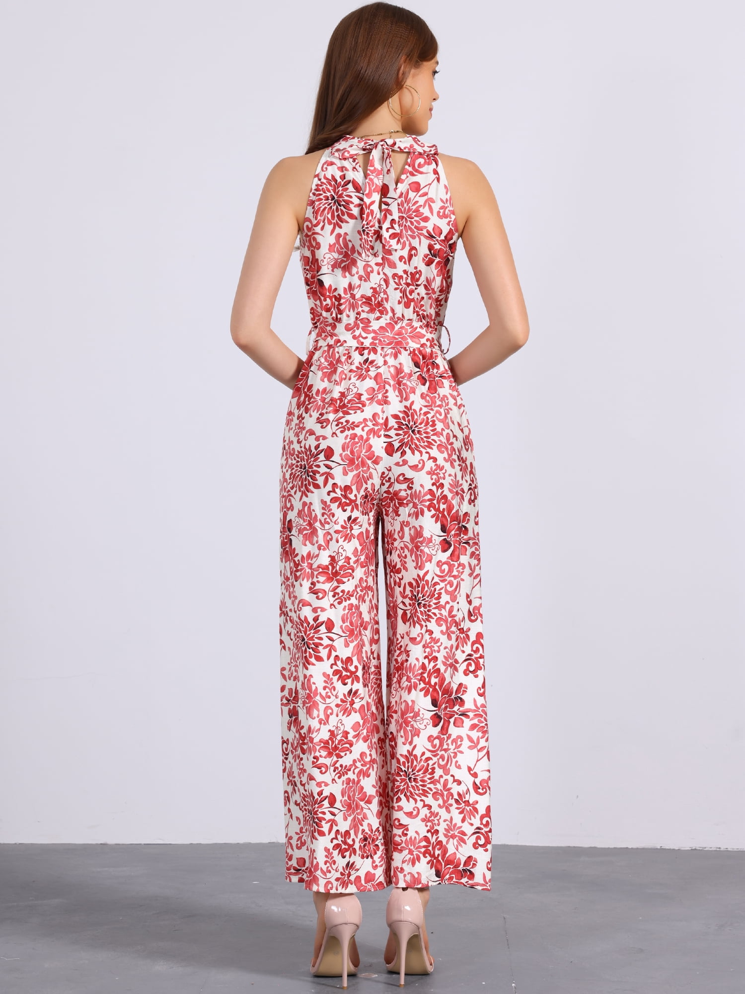 DARING DIVA Women's Casual Halter Sleeveless Boho Wide Leg Jumpsuit M Red