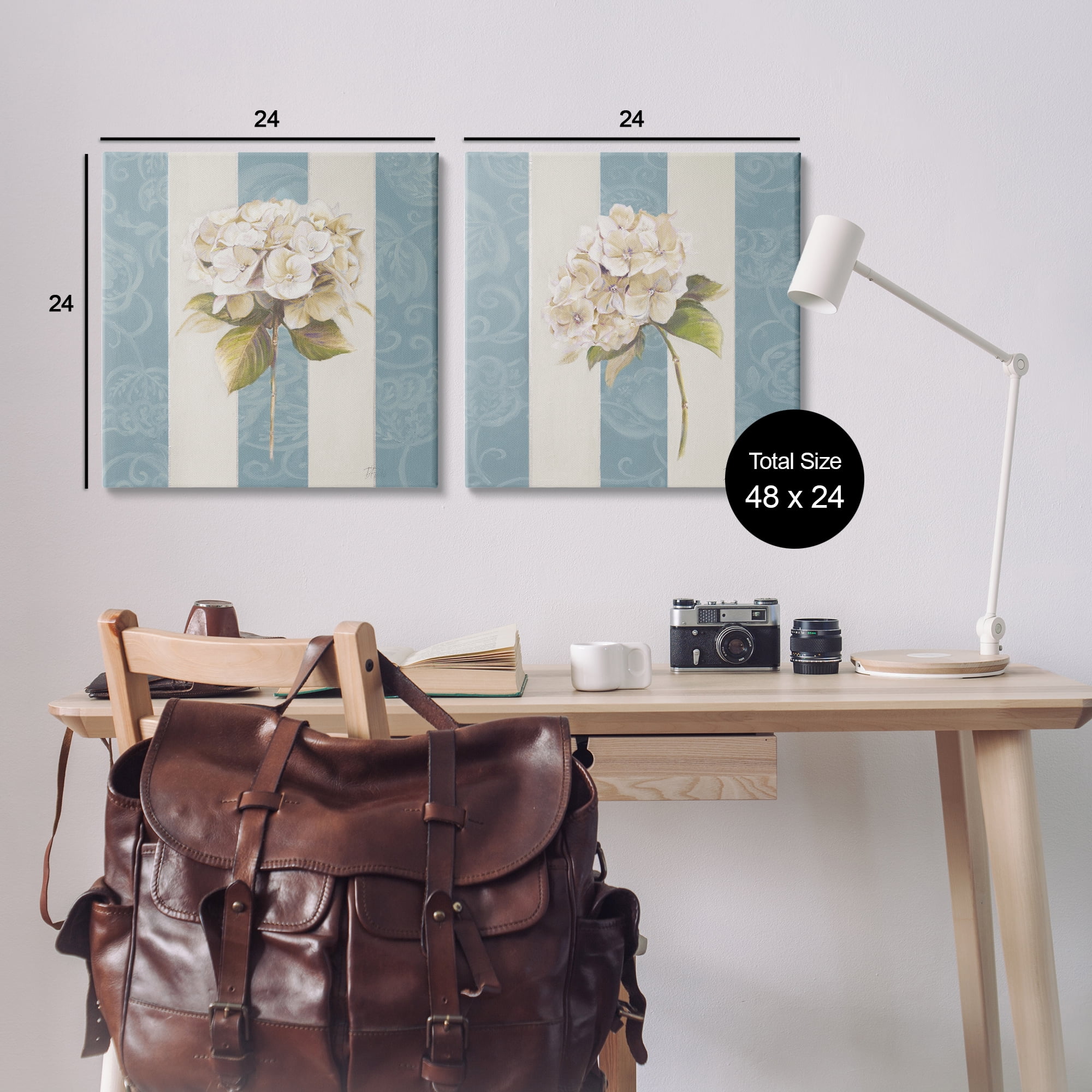 Stupell Industries Hydrangeas on Blue Strips Floral & Botanical Painting Wrapped Canvas Art Print Wall Art, 24 x 24, Set of 2