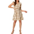 thumbnail image 2 of Allegra K Women's V Neck Check Ruffled Sleeve Belted Plaids Mini Dress, 2 of 7