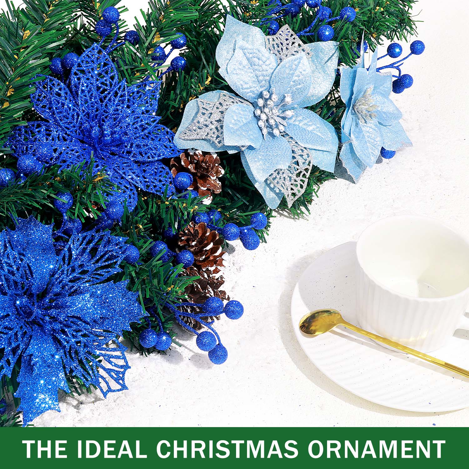 Ayieyill 56-Piece Christmas Decoration Set, Blue Poinsettia photo 6