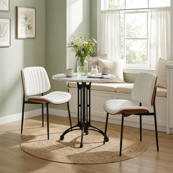 MELOII Dining Chairs Set of 2, Mid Century Modern Faux Leather Kitchen Side Chair with Walnut Bentwood Back & Metal Legs, White