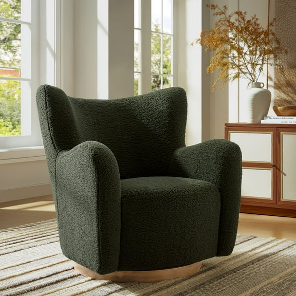 Modway Montrose Wingback Sherpa Swivel Accent Chair in Fern Walnut