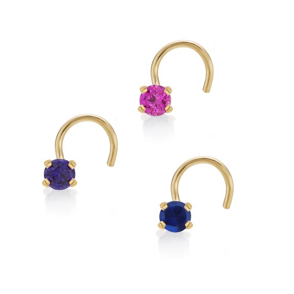 22 Gauge Curved Screw Nose Stud Set for Women and Men - 14k White or Yellow Gold Blue Pink Purple Cubic Zirconia Nose Ring - Unisex Hypoallergenic Nostril Jewelry
