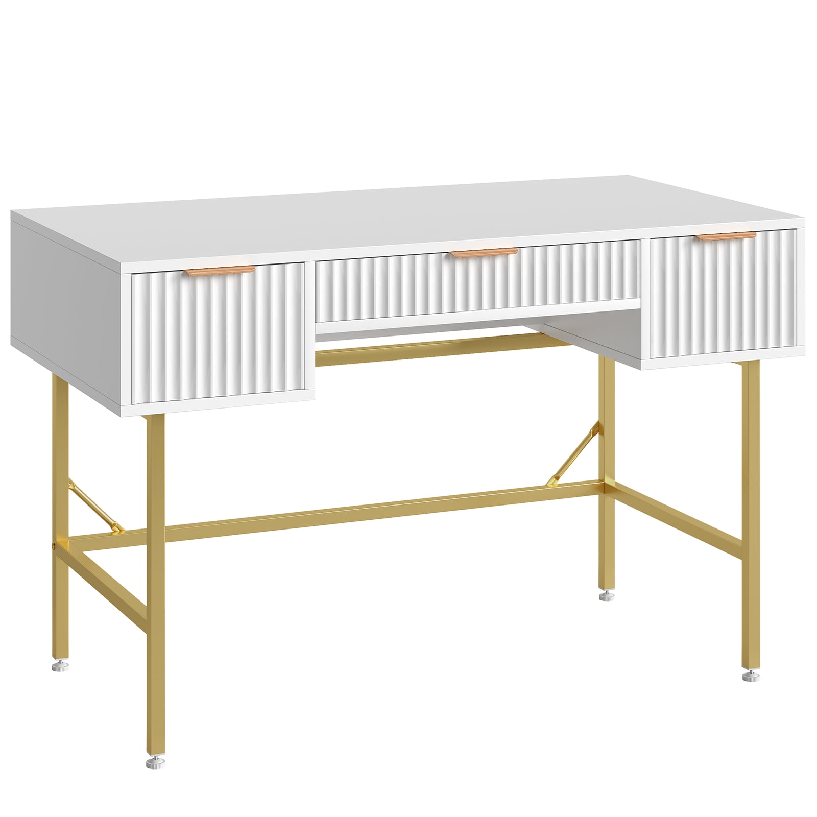 Bestier 47.6" Fluted Vanity Makeup Desk, Big Computer Writing Desk with 3 Drawers, White & Gold