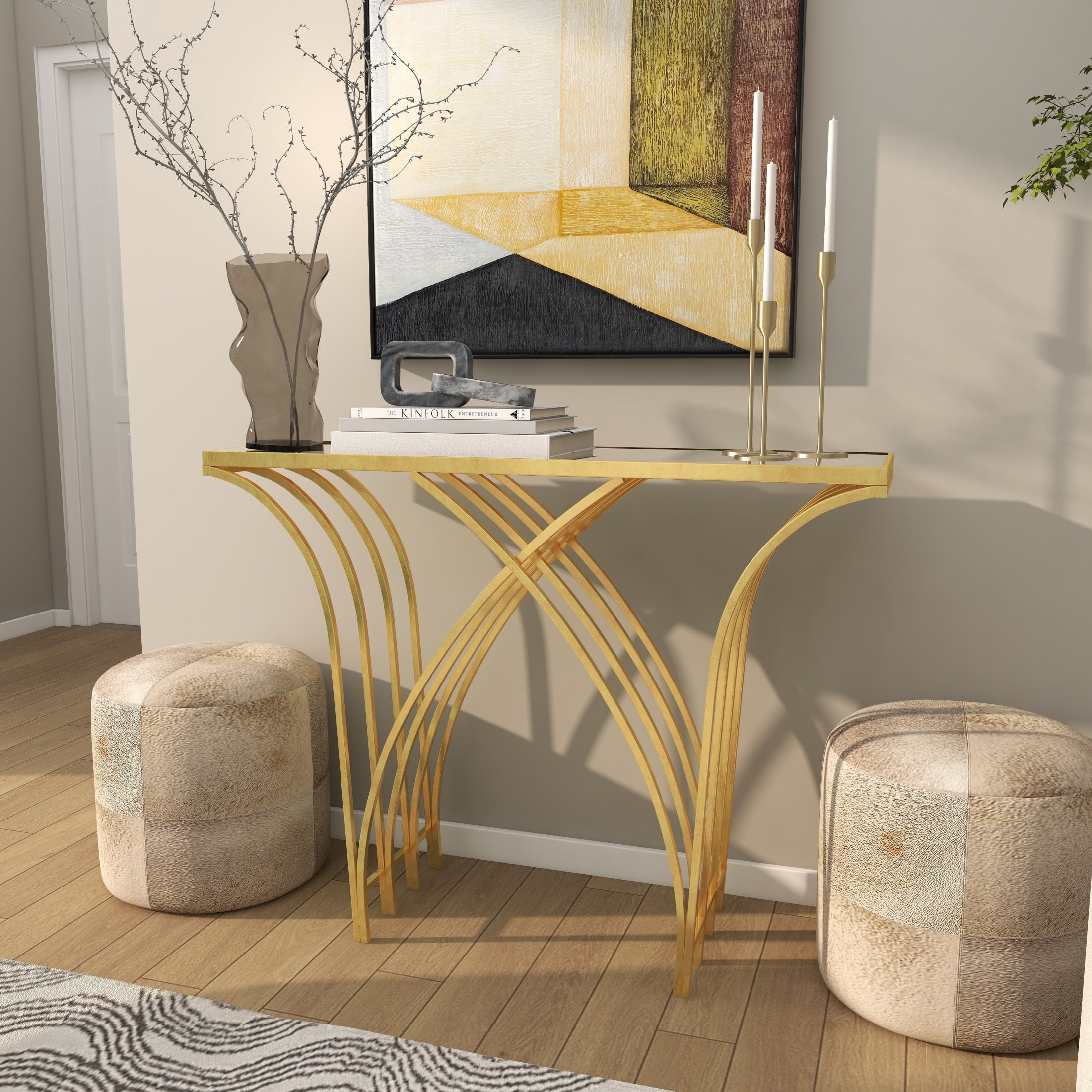 DecMode 41" x 31" Gold Metal Rectangular Geometric Console Table with Mirrored Glass Top, 1-Piece
