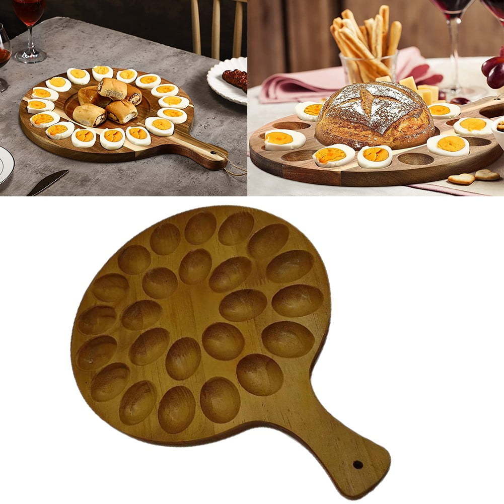 Deviled For Egg Platter, Wooden Deviled For Egg Tray 24 Holes Round For Egg Holder