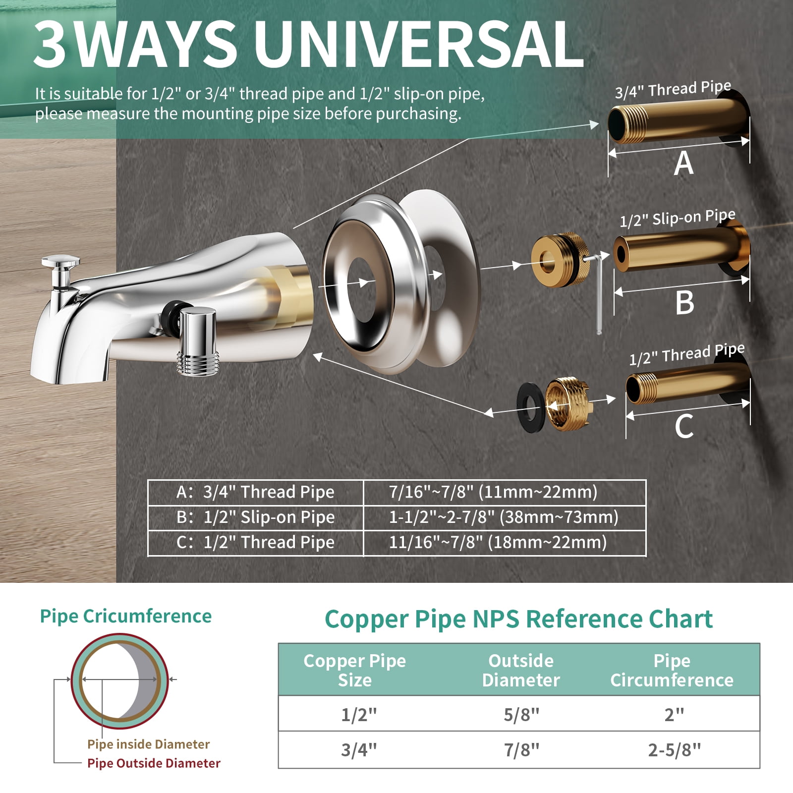 KAIYING Bathtub Faucet with Sprayer, Filtered 3-Mode Shower Head with ON/OFF Button, Metal Tub Tap Attachment Includes 3 Adapters, Shower Head for Tub Faucet (Chrome)