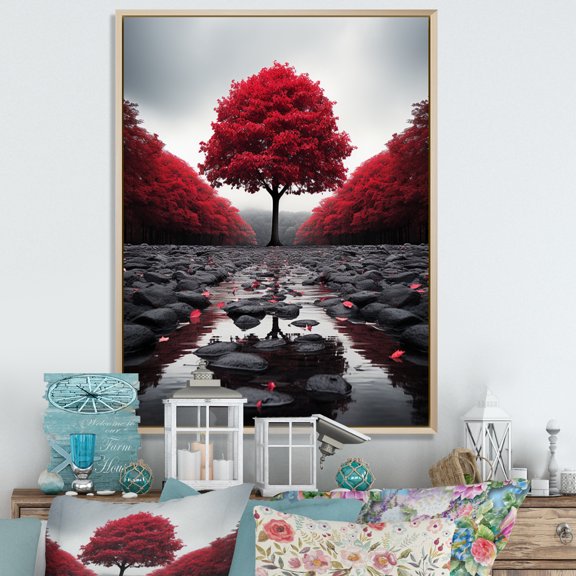 Designart "Forest Serenity Red and Grey" Floral Floater Framed Canvas Print