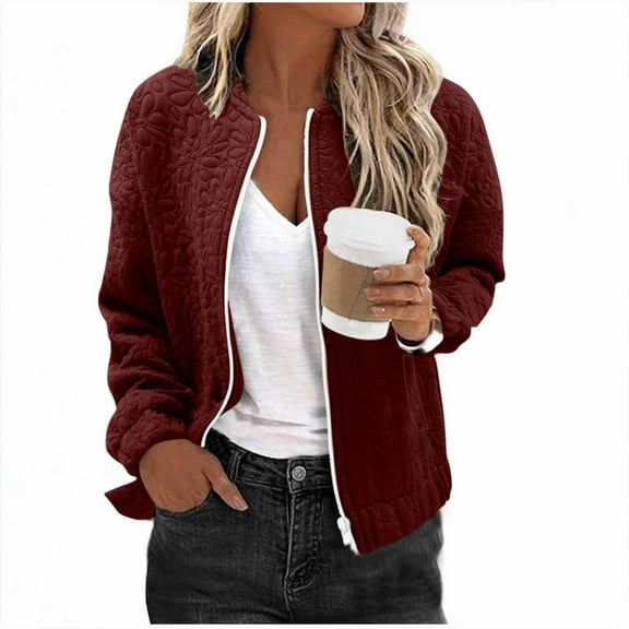 jobturf Bomber Jacket Women Full Zip up Long Sleeve Coats Soft Comfy Warm Casual Outerwear Fall Winter Fashion Going Out Tops with Pockets Size S