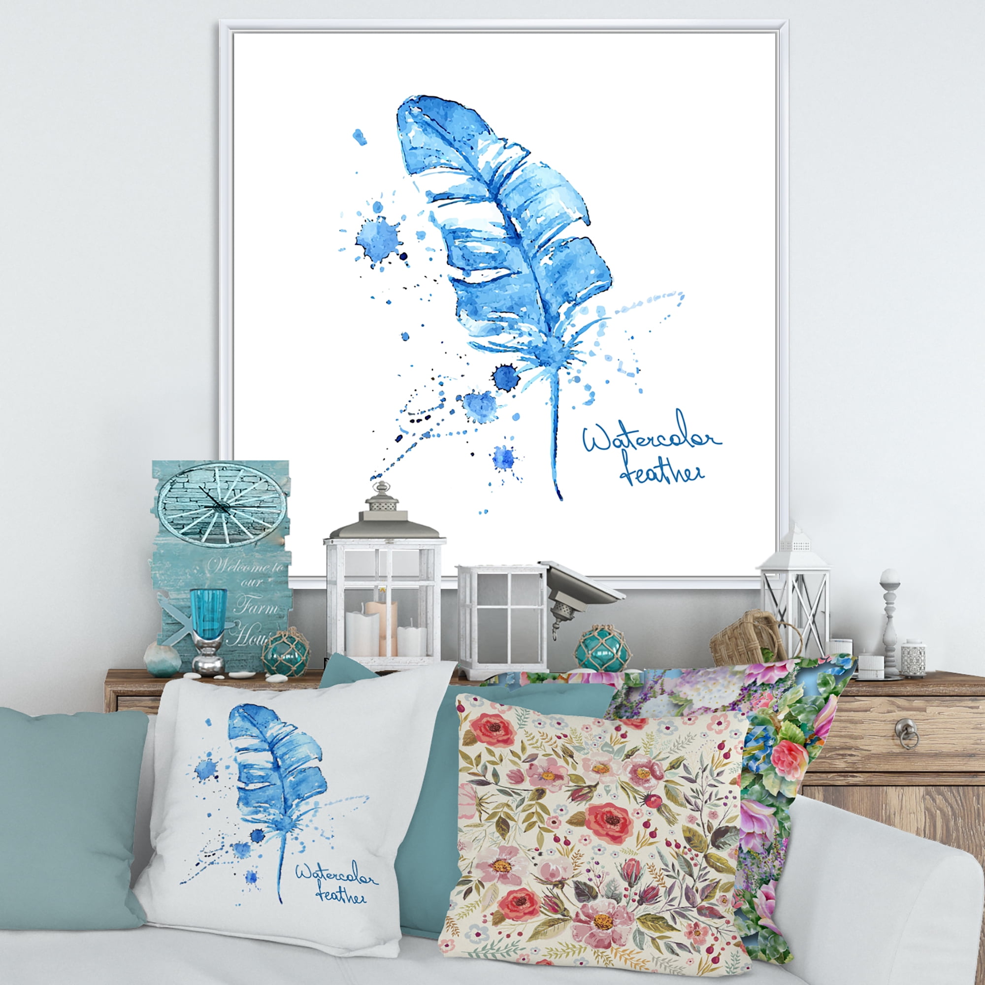Designart 'Ethnic Blue Feather On White' Bohemian & Eclectic Framed Canvas Wall Art Print