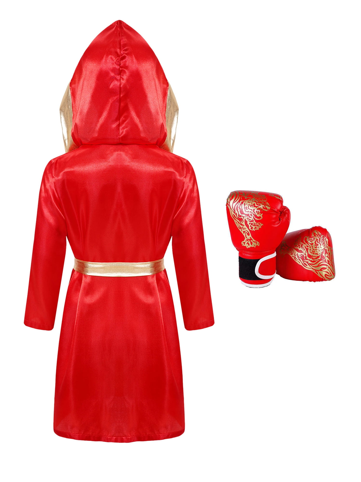 Hansber Kids Boys Boxing Uniform Satin Hooded Boxer Robes with Muay Thai MMA Training Gloves for Red 16