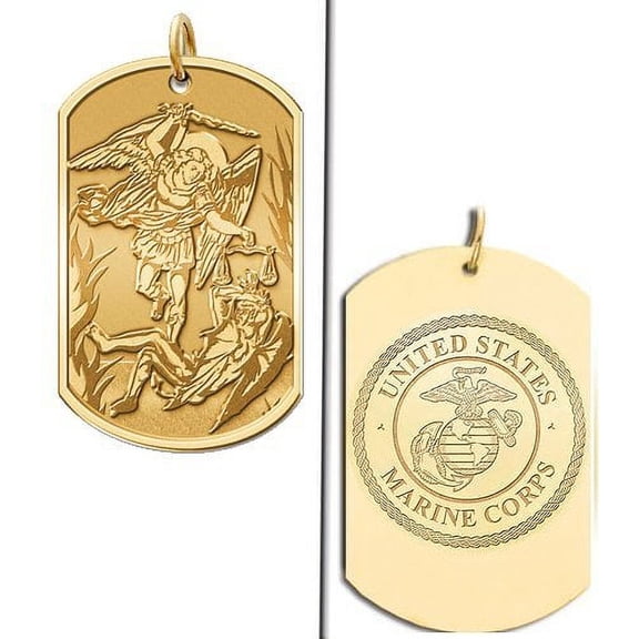 Saint Michael Doubledside Marines Dogtag Religious Medal 3/4 in x 1-1/4 in - Solid 14K Yellow Gold