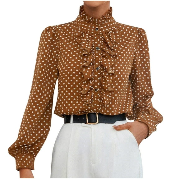 Women Victorian Blouse Polka Dot Shirts with Ruffled Stand Collar Puff Sleeves Button Cardigans Elegant Loose Fit Top for 2025 Daily Commute Date & Casual Outfits