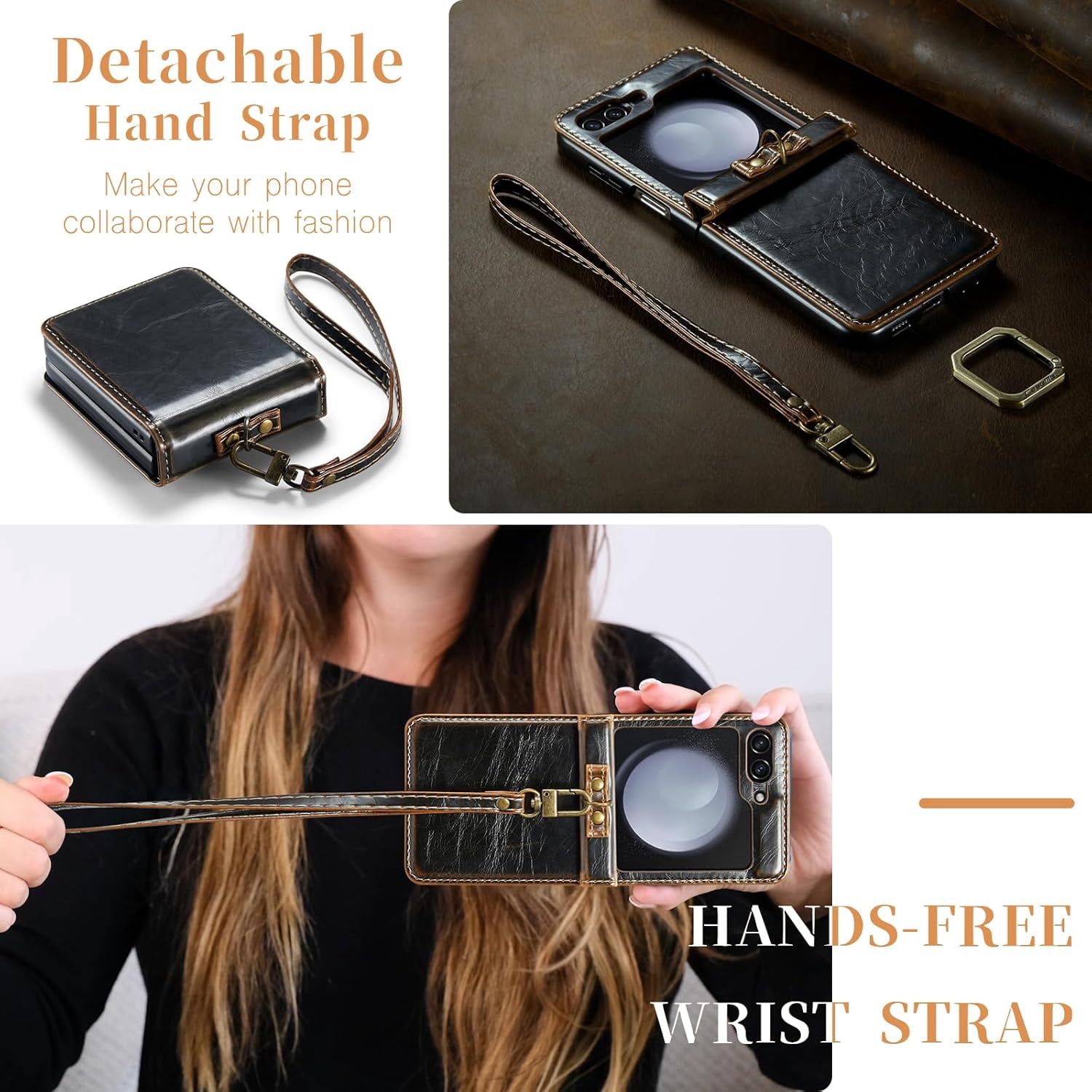 Phone Case for Samsung Galaxy Z Flip 5 5G 2023 with Lanyard Wrist Strap Thin Slim PU Leather Shockproof Hard Shell Protective Cell Cover ZFlip5 Z5 G Flip5 5Z Women Girls Coffee