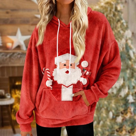 Alllist Crew Neck Hoodies for Women Flannel Long Sleeve Multicolor Santa Claus Hoodie Warmth Refined Relaxed Fit Printed Tops Multicolor,L