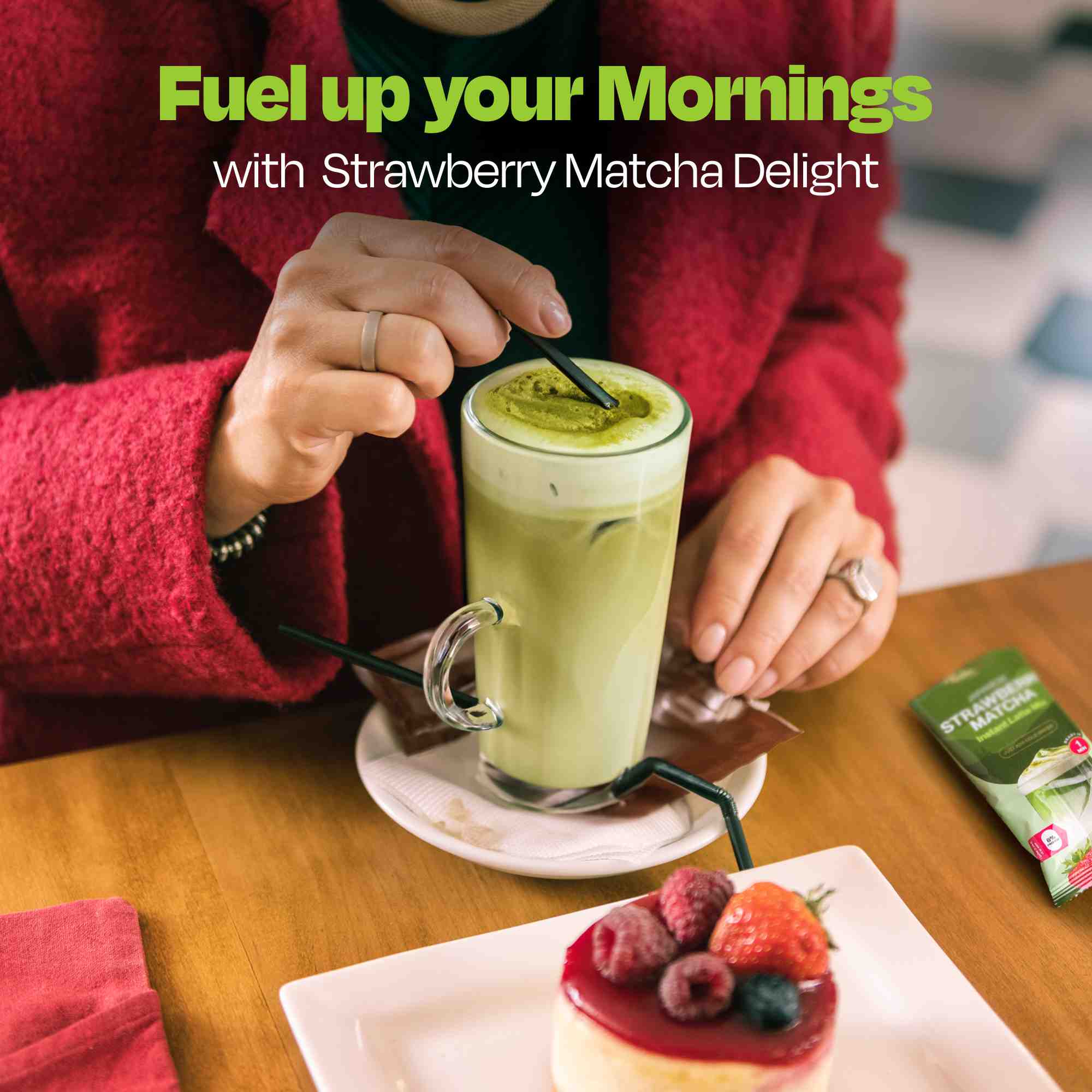 Teaniru, Japanese Strawberry Matcha - Instant Latte in Sachets | Protein - Powered Delight | Japanese Matcha & Strawberry for Energy & Focus | Rich in Vitamin C, Antioxidants & L-Theanine | 8 Sachets