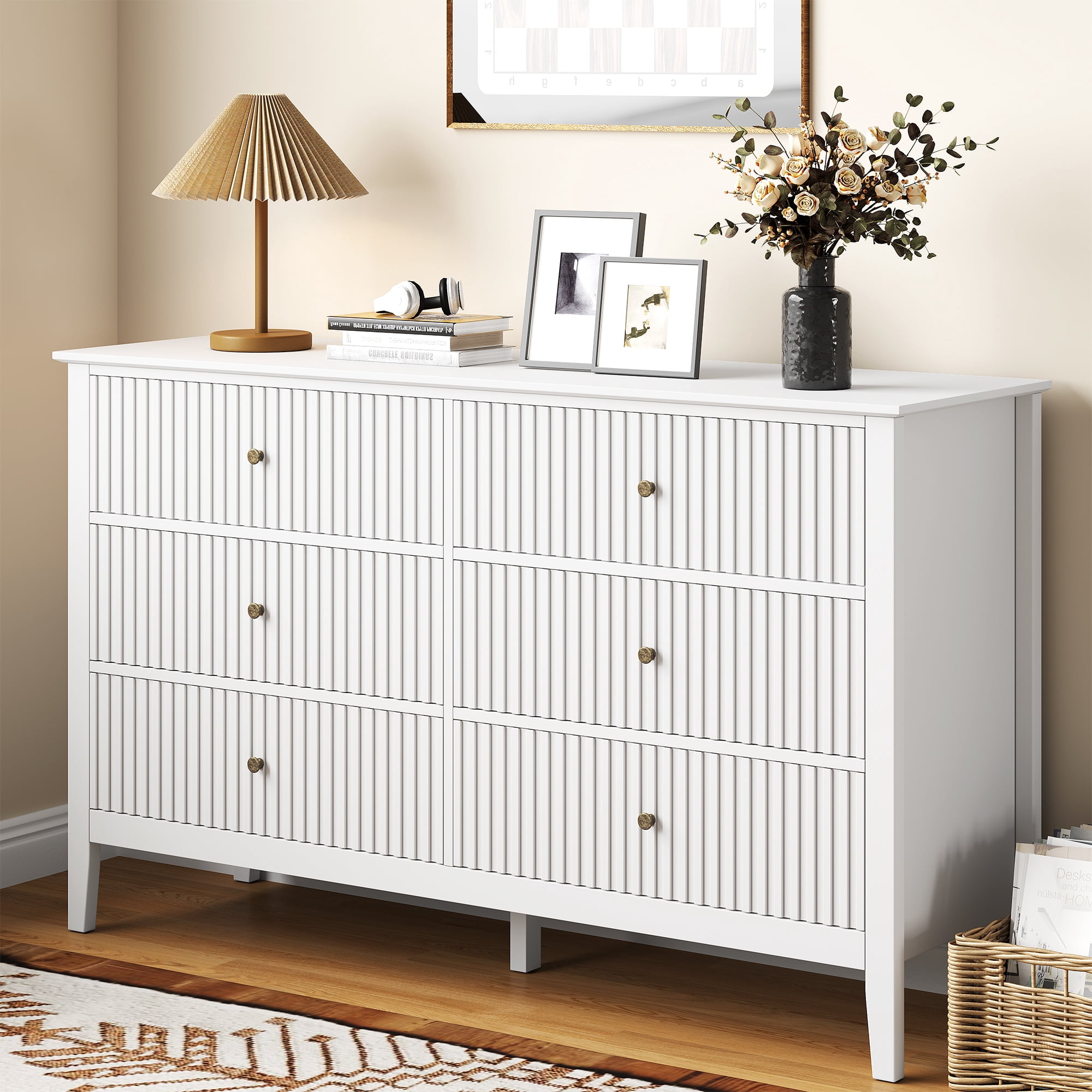 May in Color Fluted 6 Drawer Dresser, Wide Modern Chest of Drawers, Large Wood Storage Cabinet Organizer for Bedroom, Living Room, Hallway, Entryway, White