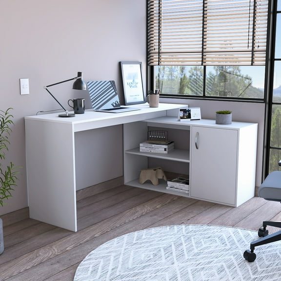 L-shaped Desk In White - 59" Wide Area For Home, 2 Open Shelves, Single Door Cabinet With Inner Solid Wood   , Engineered Gaming Room 60.07" Wide, 1 Material