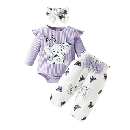 

Fshinging Outfits for Toddlers Girls Long Sleeve Ribbed Cartoon Prints Romper Bodysuit Pants Headbands