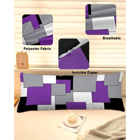Purple Grey Black Geometric Throw Pillow Covers, Middle Century Art Abstract Aesthetics Soft Breathable Pillow Cases with Zipper, Long Body Pillowcases for Couch Bed Sofa Chair 20x54 Inches