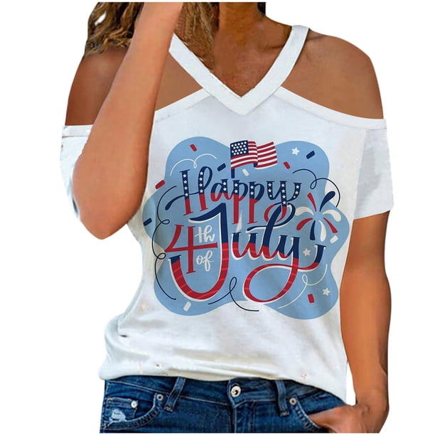 Tops con estampado de día de la independencia de manga corta con cuello en V para mujer a la moda para mujer Fridja hjk4861