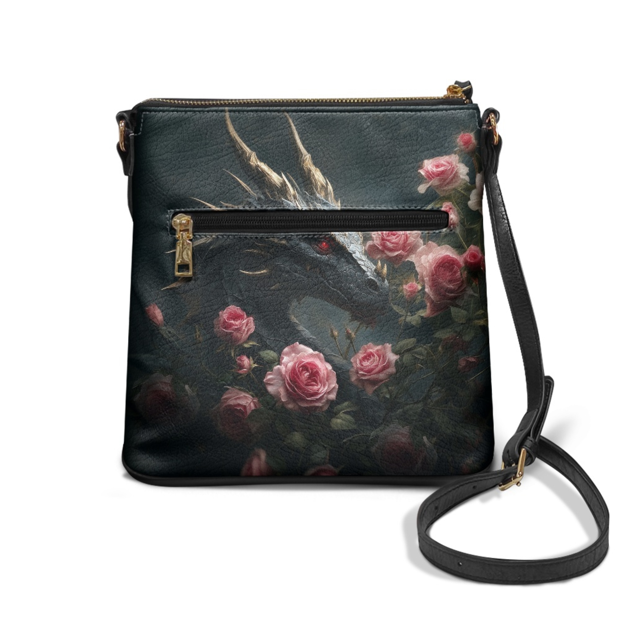 Kuiaobaty Dragon Print Crossbody Bag for Women, Rose Print Leather Shoulder Purse with Adjustable Strap, Zipper Pockets Messenger Handbag Crossbody for Travel, Black