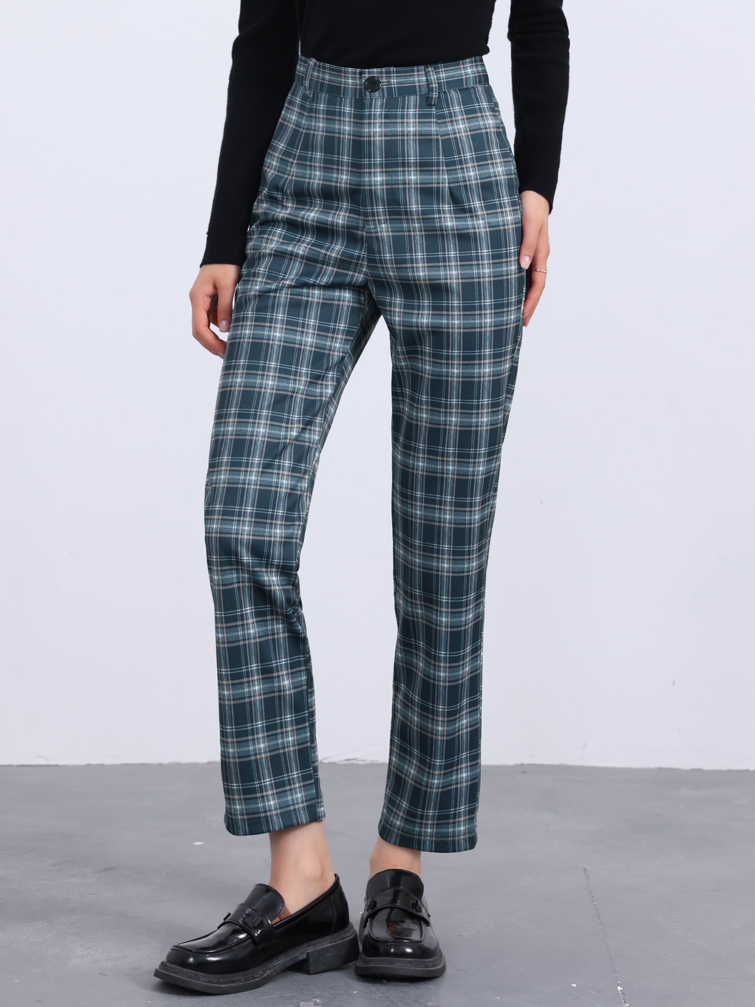 DARING DIVA Women's Plaid Pants High Waisted Tartan Checkered Cropped Pants S Navy Blue