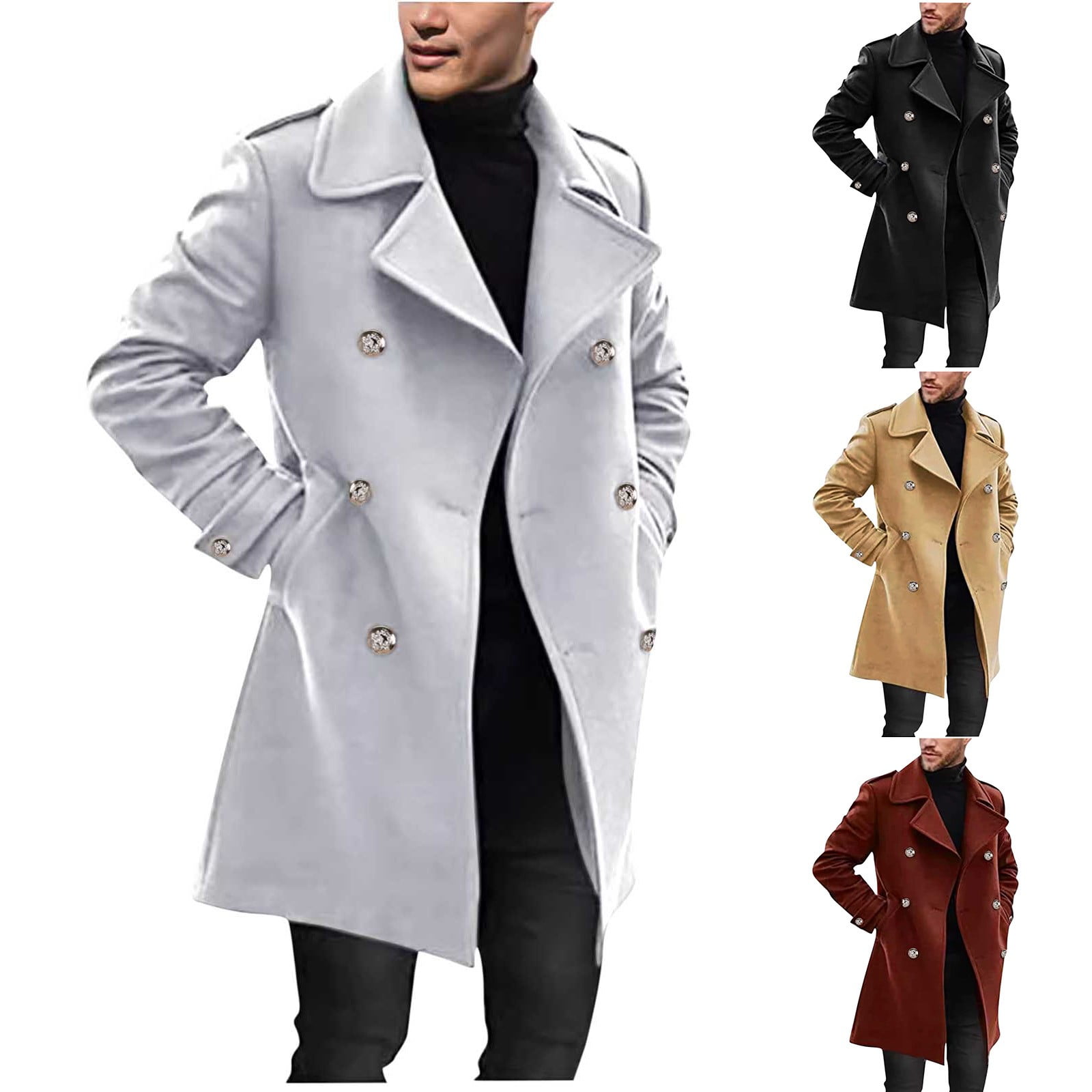 Herrnalise Men's Lapel Tweed Trench Coat Jacket Winter Casual
