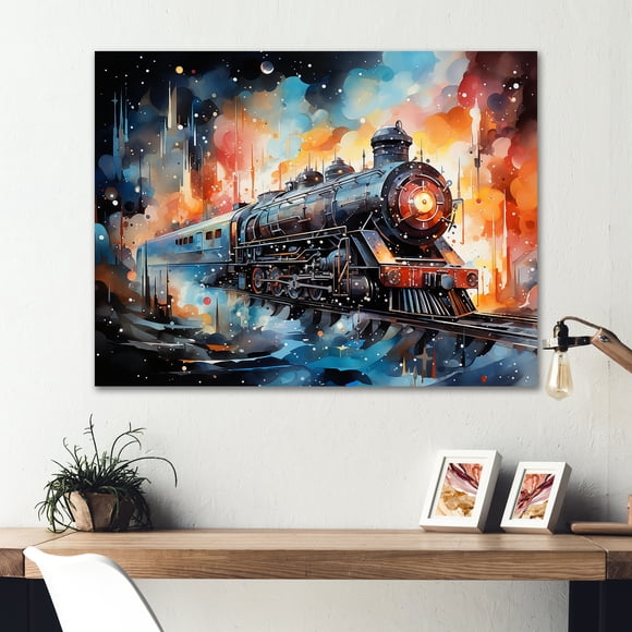 Designart "Voyage Back to the Future on Train Starship I" Train Metal Wall Art, Blue Metal Wall Decor, Modern Metal Art Decor For Bedroom - 40x30 Inch