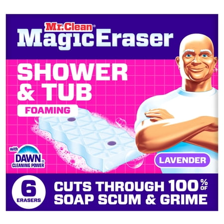 Mr. Clean Magic Eraser Sponge, Bathroom Cleaner, Soap Scum Shower & Tub Cleaner, Lavender, 6ct