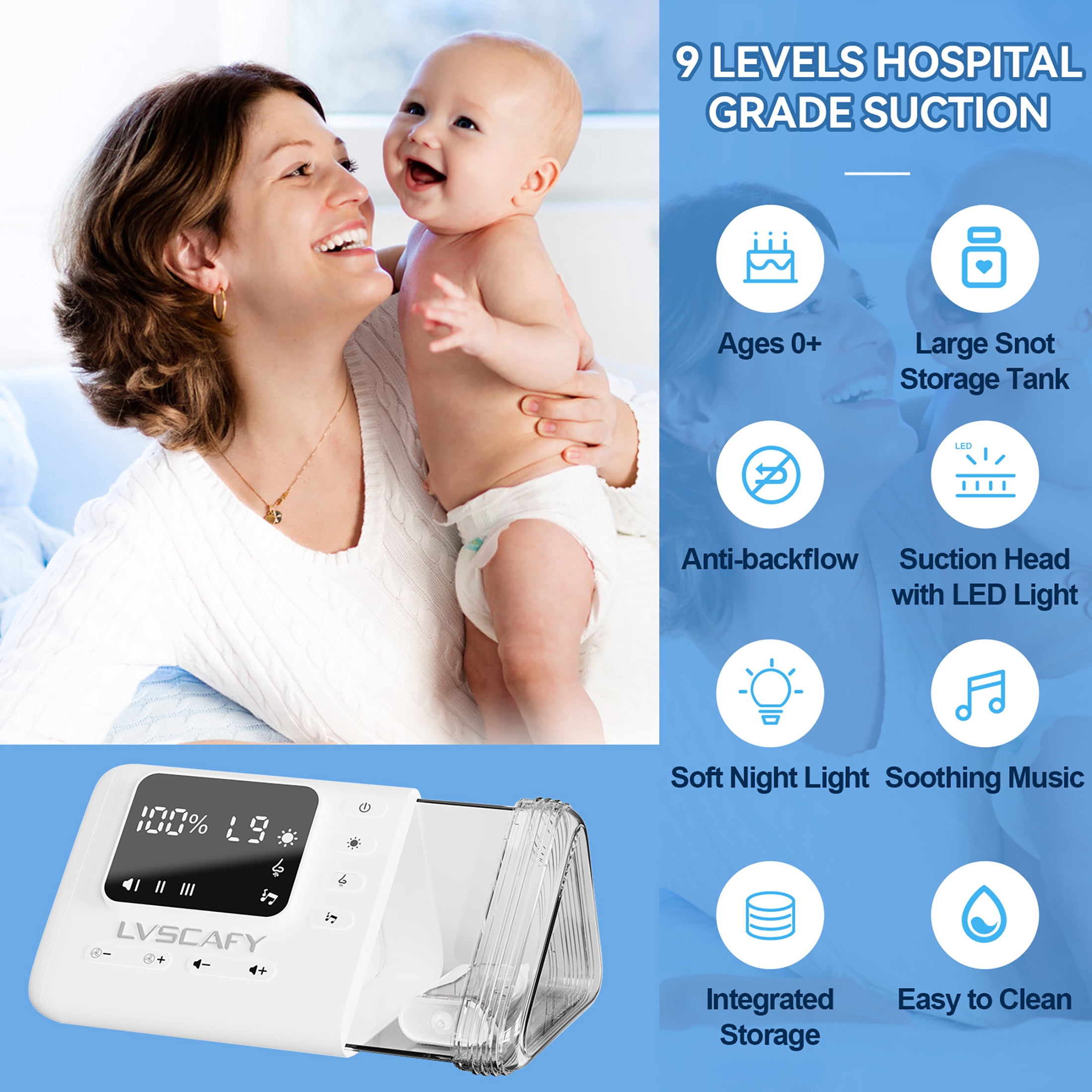 LVSCAFY Electric Nasal Aspirator for Baby – 9-Level Nose Sucker with Night Light & Music