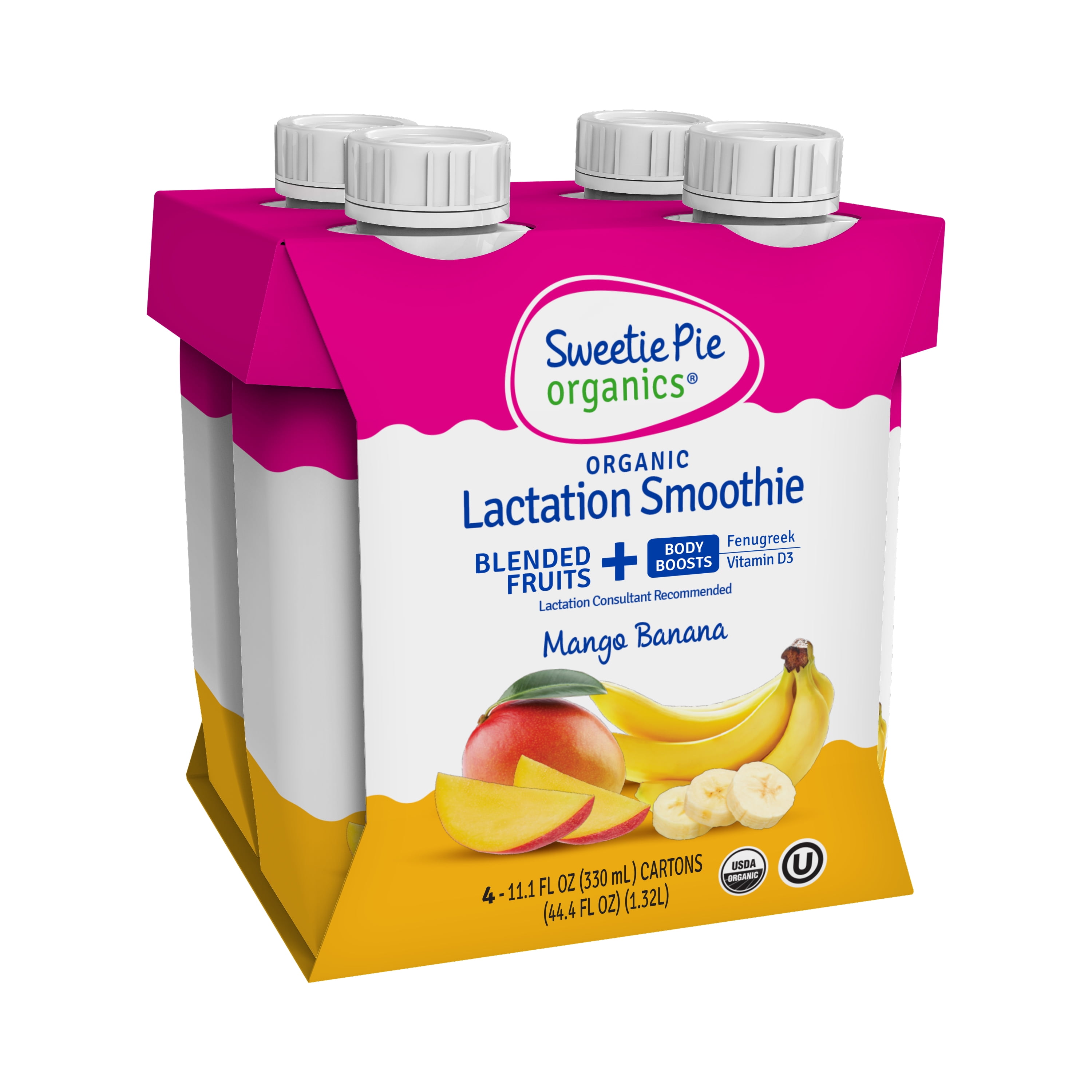 Sweetie Pie Organics Lactation Smoothie, Mango Banana, Support Breast Milk Production for Nursing and Pumping, No Artificial Sweeteners, Flavors, or Dyes - 4 Pack