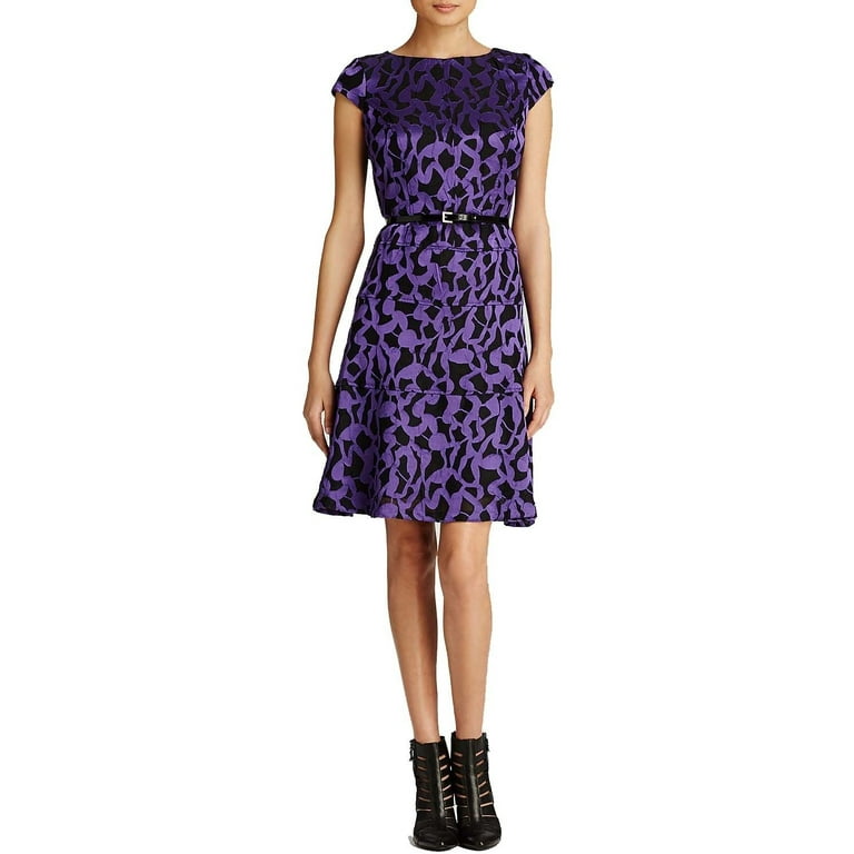 New 8061 Anne Klein Womens Cap Sleeve Belted Printed Swing Dress