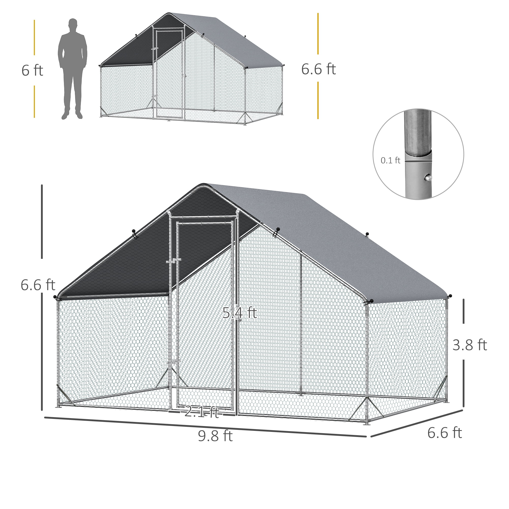 PawHut Galvanized Metal Chicken Coop Walk-in Enclosure w/ Cover for Outdoor