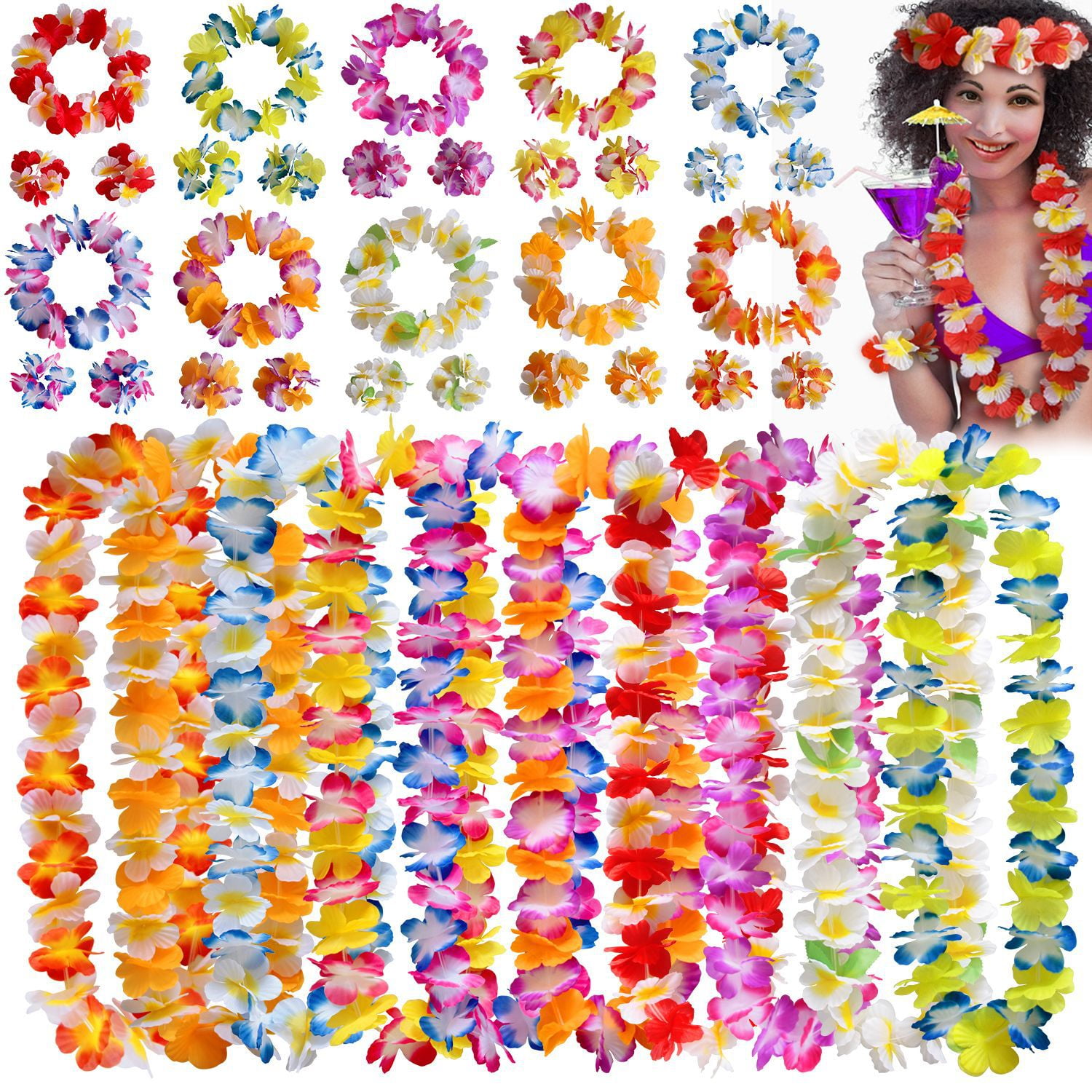 48Pcs Lei Flower Garland Necklace Hawaiian Tropical Beach Pool Party Dress Luau 