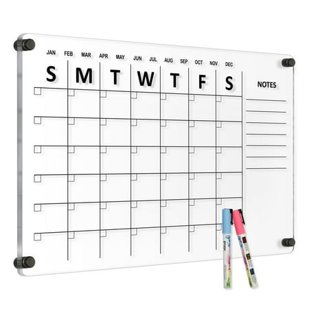 Large Oversize Crystal Clear Acrylic Wall Calendar Dry & Erase Board 24  X 16  Monthly Family Calendar Home Office Glass Calander Reusable Big Whiteboard with Markers  Black Print