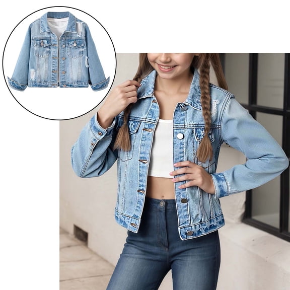 Jean Jacket for Girls Long Sleeve Button down Blue Jean Jacket Kids Spring Jackets Girls Denim Jackets Size 7-8 Years
