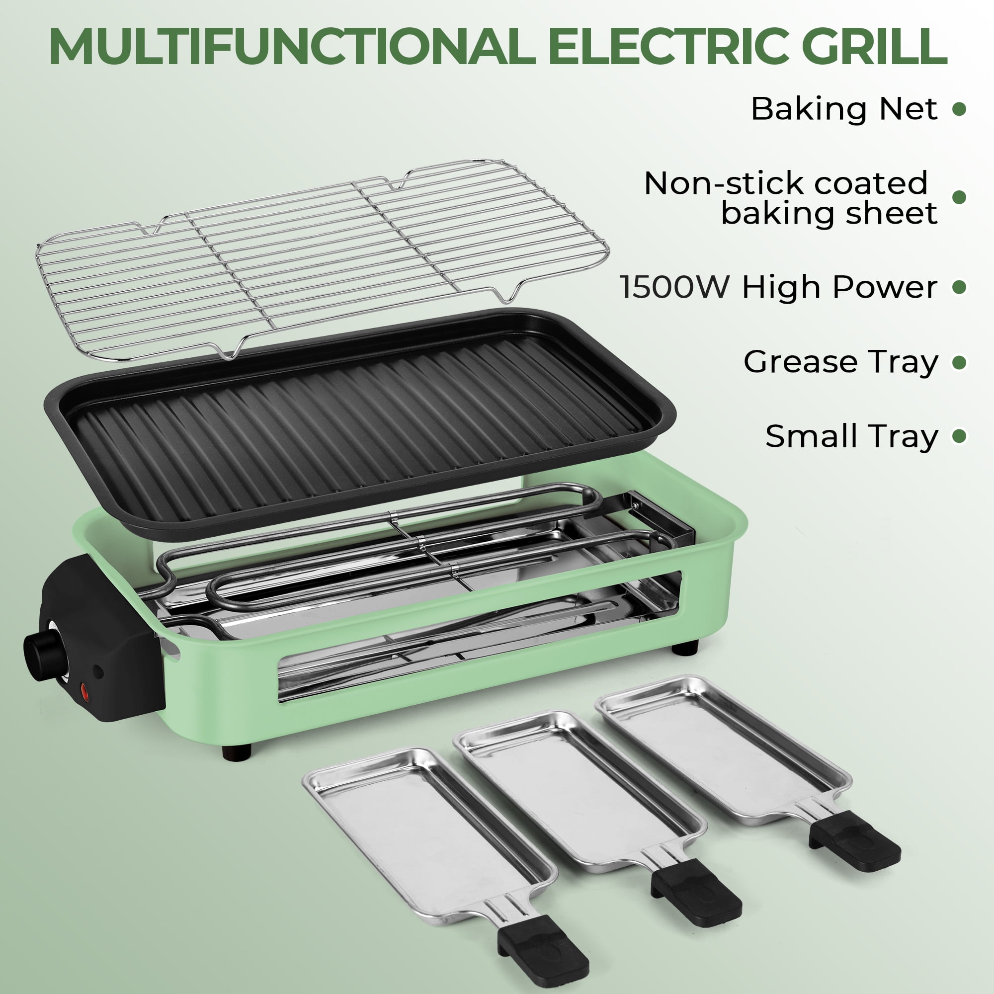 SUSLAS Electric Indoor Grill & Griddle, 1500W Smokeless Design with 3 Removable Nonstick Plates, Dishwasher Safe, Adjustable Temperature Control for Indoor Cooking(green)