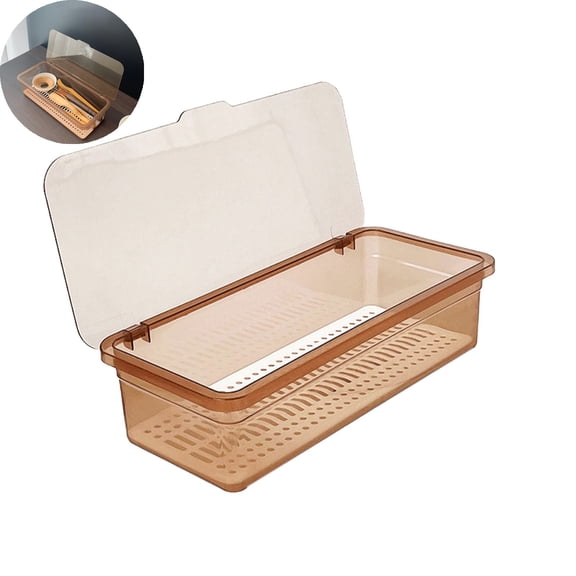 VYARDOZ Utensil Organizer, Kitchen Storage Box with Lid and Drainage Tray, Plastic Chopsticks and Teaware Holder for Countertop Sink Desktop (Coffee)