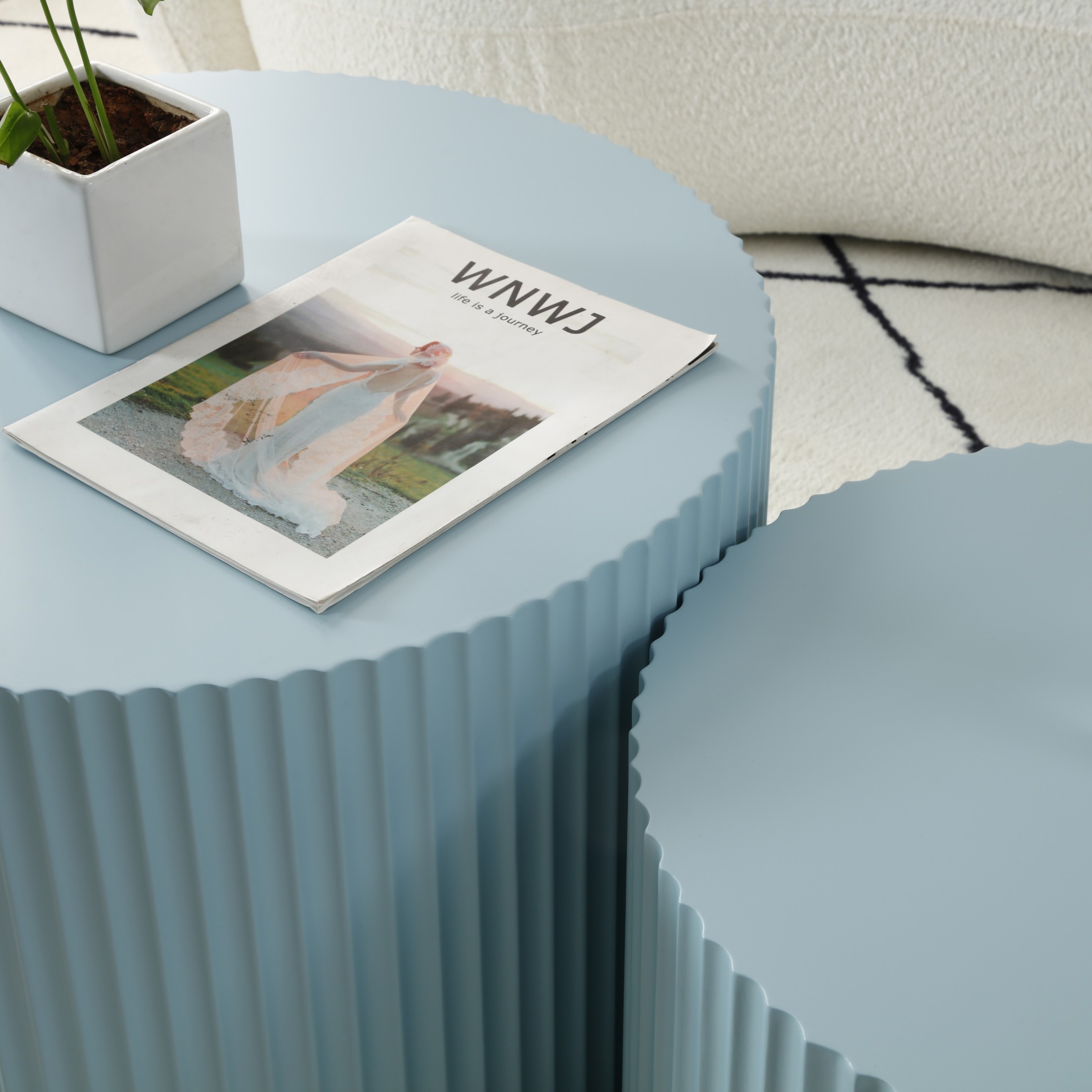 Noble House Nesting Round Coffee Tables, Modern MDF Handcrafted Relief for Living Room, Light Blue, Set of 2