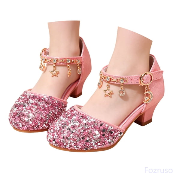Fozruso Girls Princess Party Pump Shoes,Sizes 10 Little Kid,Low Heeled Glitter Dress Shoes Ankle Buckle Strap Party School Shoes