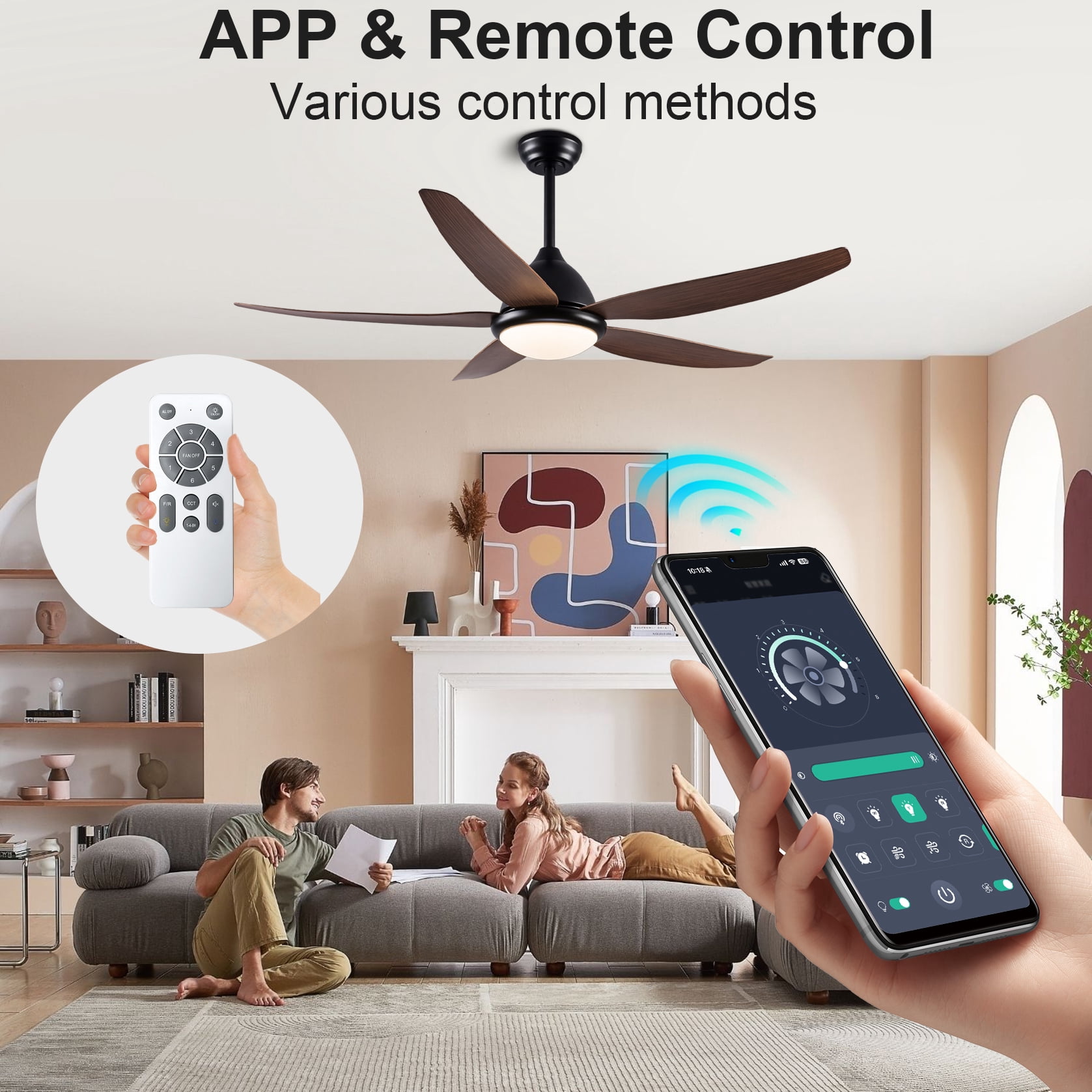 Mintazer 56 in Ceiling Fan with LED Light & Remote Control, Modern Ceiling Fan with 6 Speeds & Reversible Blade for Indoor Outdoor, Walnut