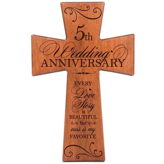 LifeSong Milestones 5th Wedding Anniversary Cherry Wood Wall Cross Gift for Couple