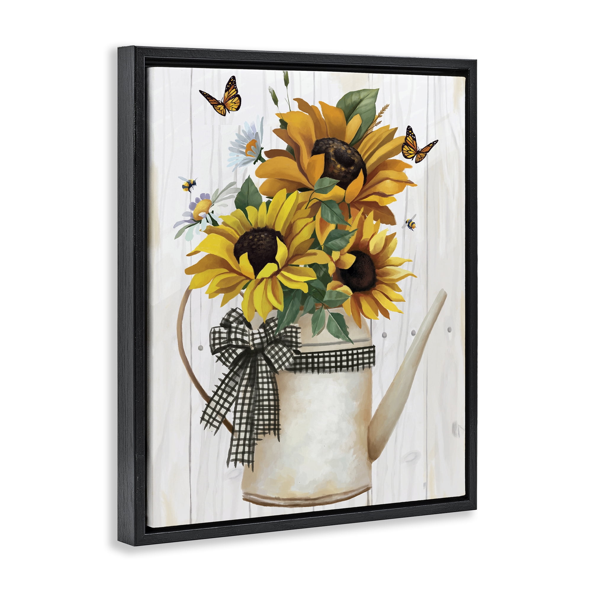 Stupell Industries Sunflower Trio in Watering Can Black Framed Floater Canvas Wall Art, design by Lucca Sheppard