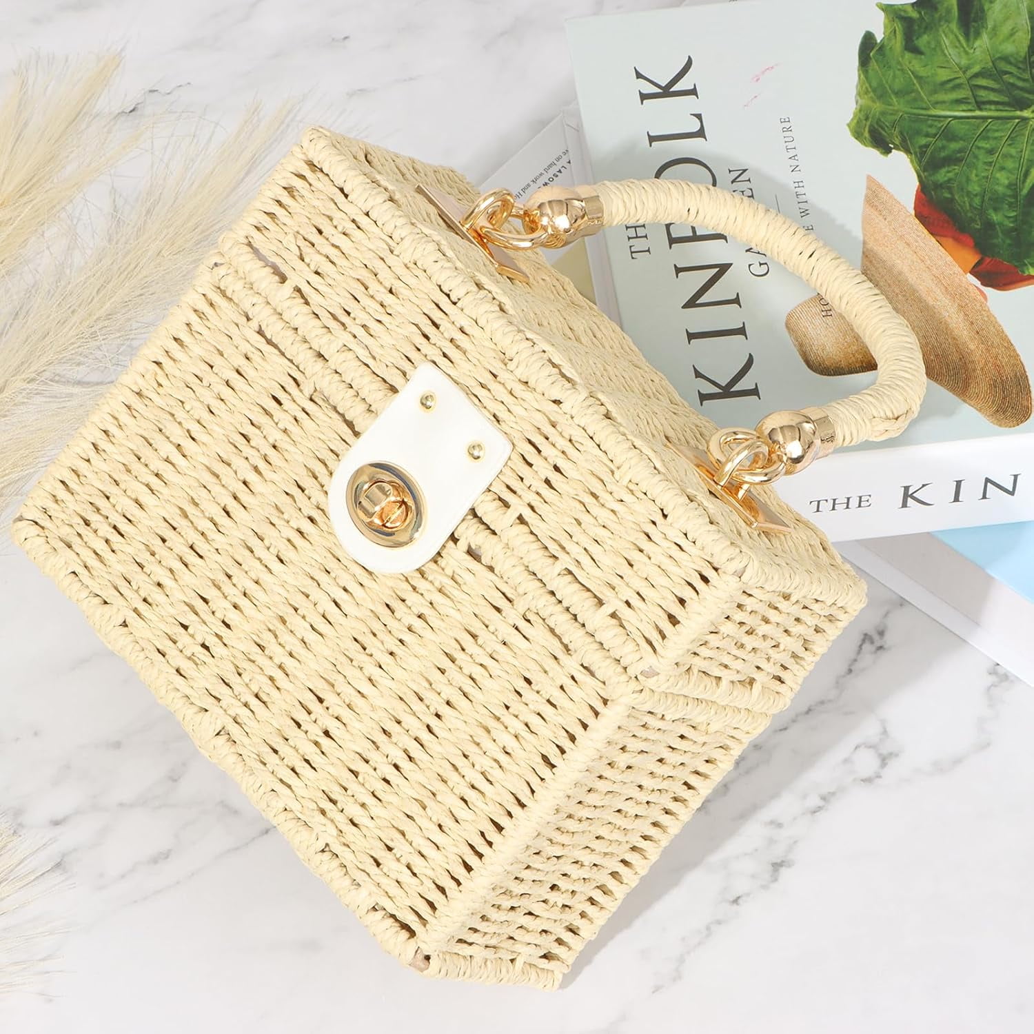 Women Handwoven Rattan Handbag Beach Straw Tote Bag Square Boho Crossbody Bag