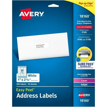 Avery 18160 Easy Peel Address Labels, 1 X 2-5/8, White, 300 Labels/Pack