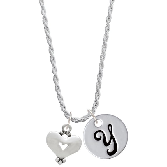 Delight Jewelry Silvertone Large Heart with Cutout Silvertone Script Initial Disc - Y - Charm Necklace, 20"+3"