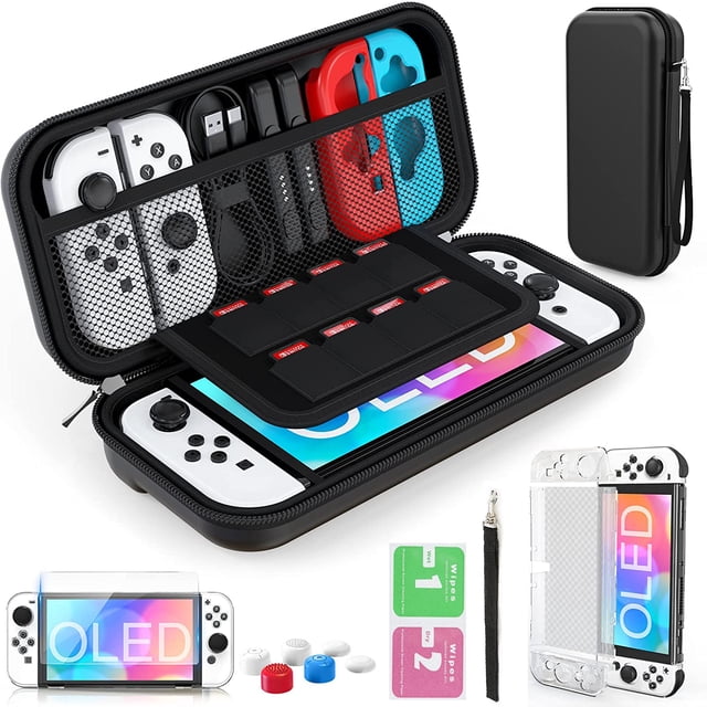 Carrying Case for Switch OLED, 11 in 1 Accessories Kit for Nintendo Switch OLED with Transparent Hard Protective Case, HD Switch Screen Protector and Thumb Grip Caps