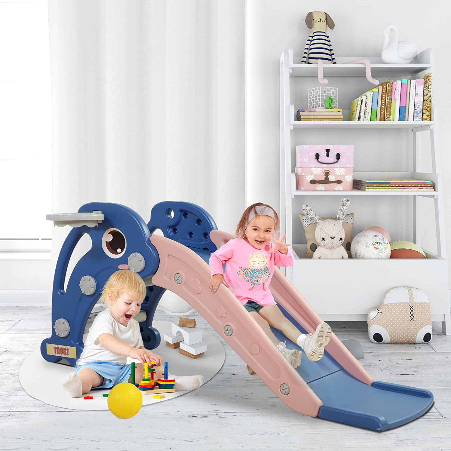 CIPACHO Kids Slide for Indoor and Outdoor, Freestanding Slide for Toddler Playground Slipping Slide Climber Toy Playset with Basketball Hoop & Ball, Blue CIPACHO Kids Slide for Indoor and Outdoor, Freestanding Slide for Toddler Playground Slipping Slide Climber Toy Playset with Basketball Hoop & Ball, Blue